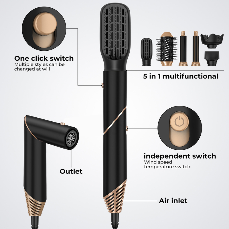 Profissional 6 em 1 Poderoso Estirador de cabelo dobrável de ar quente Secador de cabelo Iônico Salão de beleza Balck Golden