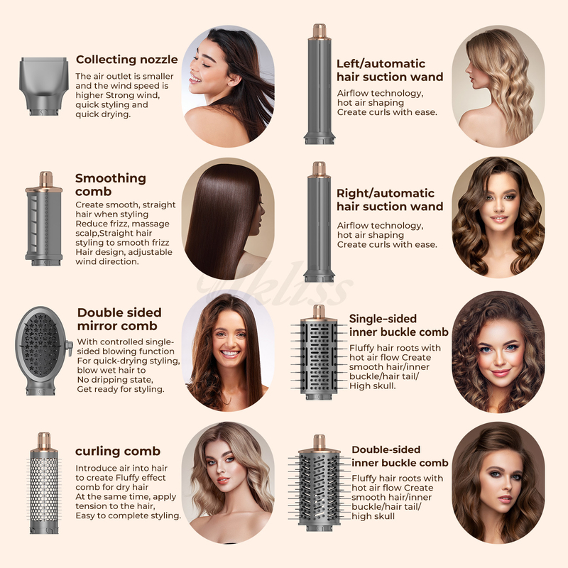 Conjunto de secador de cabelo dobrável de 8 em 1 com configurações de calor ajustáveis e design de vários bocal