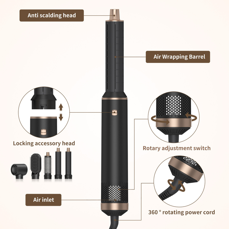 Multifuncional 5 em 1 Comb Set de ar quente Estilização Redução de ruído Curling Tecnologia de íons negativos de ferro