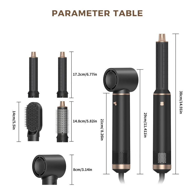 Multifuncional 5 em 1 Comb Set de ar quente Estilização Redução de ruído Curling Tecnologia de íons negativos de ferro