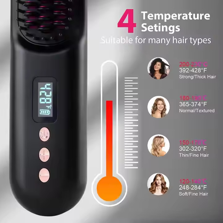 Escova de endireitação de cabelo sem fio com 4 configurações de temperatura PD20W de carregamento rápido Design de aquecimento rápido anti-escaldamento