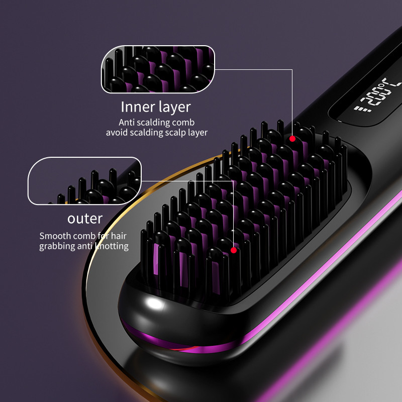 Escova de endireitação de cabelo portátil sem fio 35W aquecimento rápido Tipo-C com tela de exibição de temperatura de íons negativos