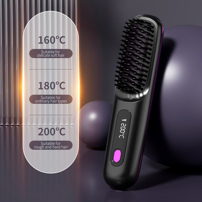 Escova de endireitação de cabelo portátil sem fio 35W aquecimento rápido Tipo-C com tela de exibição de temperatura de íons negativos