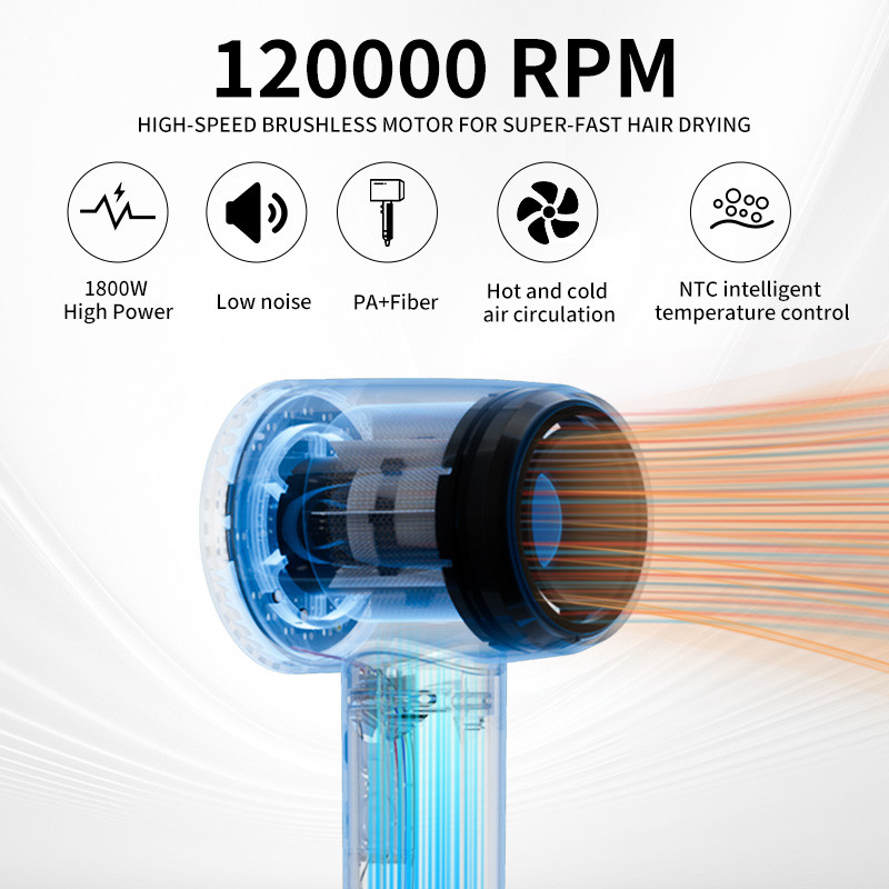 Secador de cabelo de salão profissional de 1800W de alta potência 5 bilhões de plasma leve secador de cabelo rápido com logotipo personalizado e três bicos