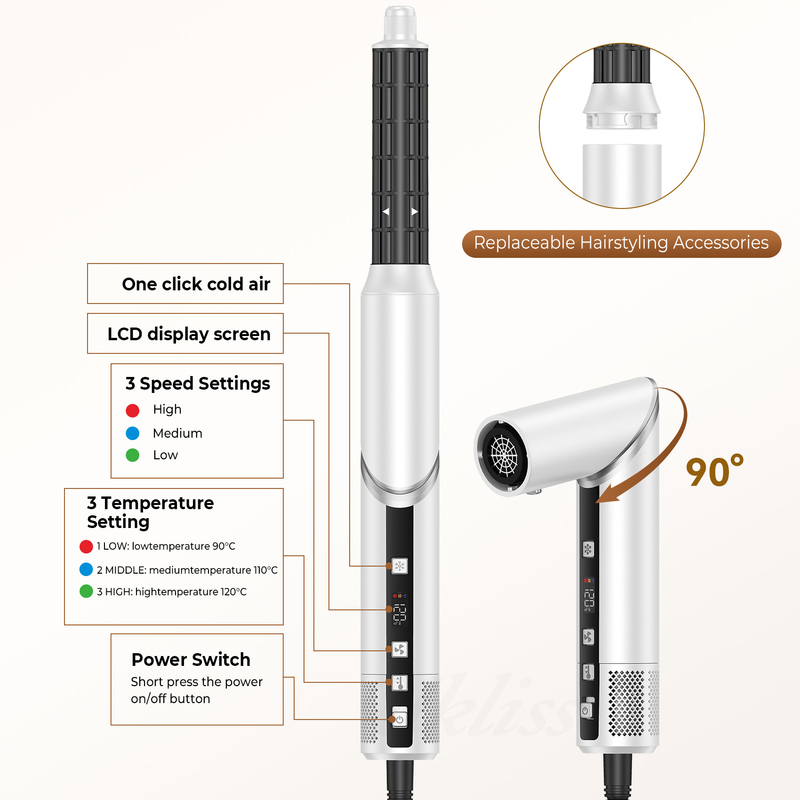 Secador de cabelo profissional de ar quente de secagem rápida 8 em 1 escova com curva de enrolamento automático e cabo de alimentação de 2M 1500W Multi-Styler
